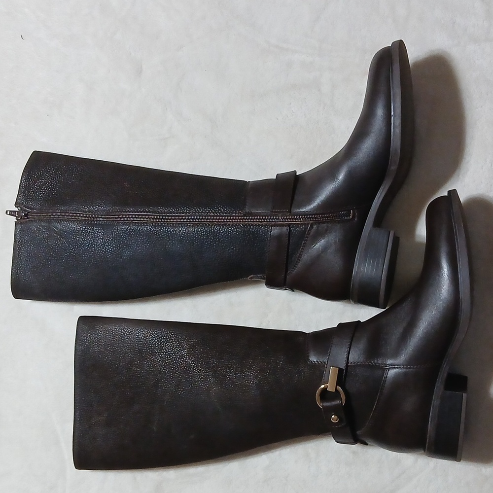 Gillio Buckle Tall Brown Leather Boots Women’s Side 8 Zipper Up